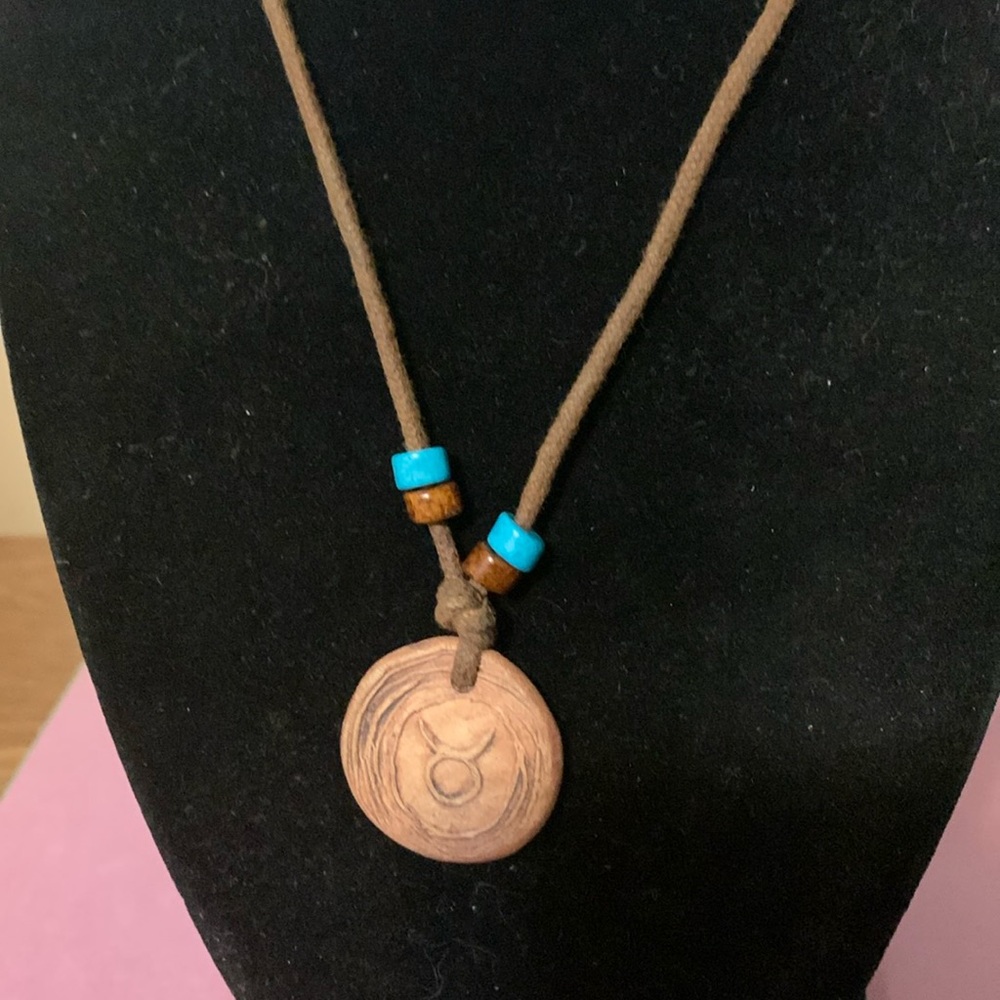 Wooden Taurus Zodiac Pendant Necklace, 16 1/2”